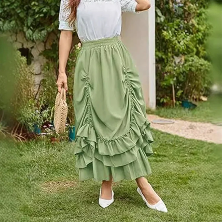 Wholesale retro gothic lotus leaf skirt ladies solid color elastic waist long skirts costumes