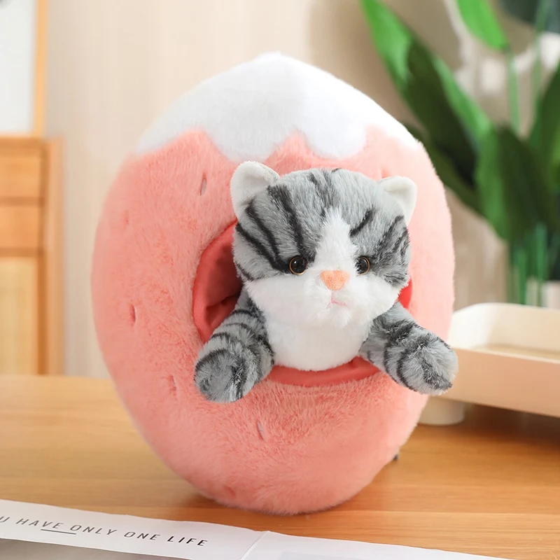 Wholesale cartoon fruit cat stuffed doll strawberry nest cat plush toy banana nest cat plush doll