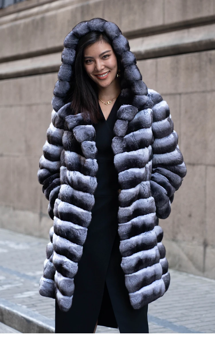High-Guality Luxury Design Winter Clothes Ladies Real Fur Jacket Overcoat Grey Hooded Women Rex Rabbit Fur Coat Parka Jacket