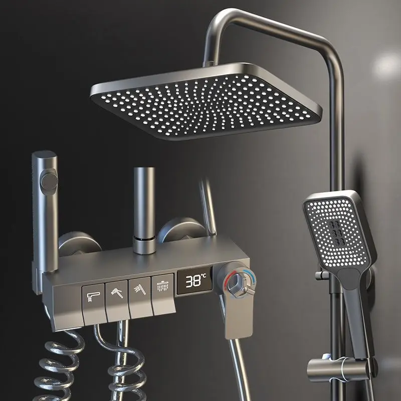 Factory Direct Sale Multi Function LED Digital Display Piano Keys 4 Function Thermostatic Shower Column System Set Bathroom