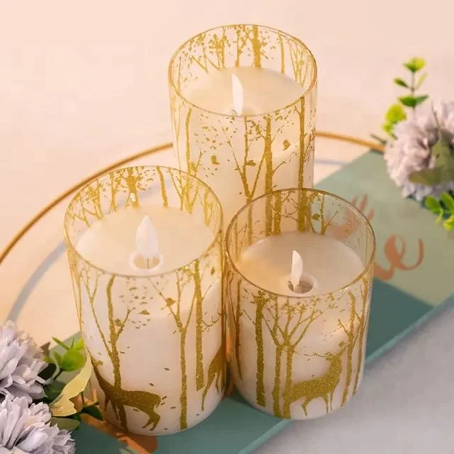 Battery Operated Fashionable Deer Sticker Plastic Cup Cylindrical Flameless LED Electronic Flashing Paraffin Wax Candle