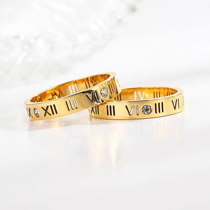 Simple Stainless Steel Ring Women Roman Four Diamonds 18K Rose Gold Diamond Hollow Couple Love Ring