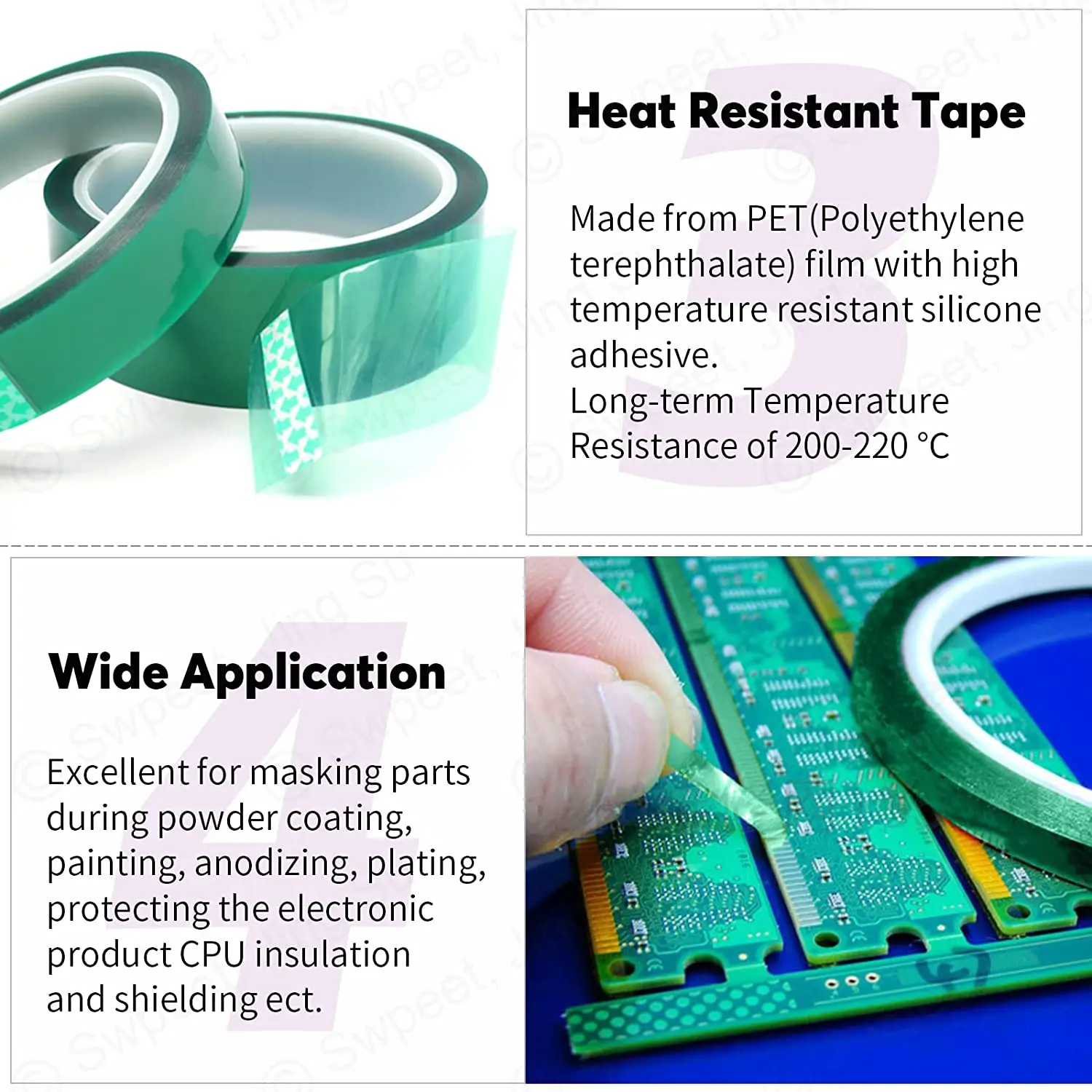 Custom Green PET Tape Polyester High Temperature Masking Tape  with Silicone Adhesive for Painting, Anodizing, Circuit Boards