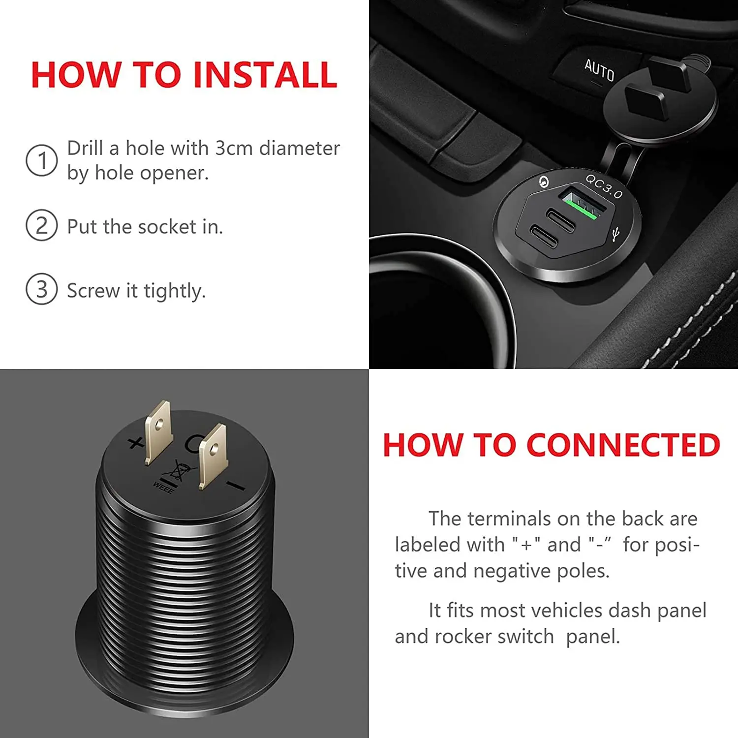 USB C Car Charger Socket 12V USB Outlet with 18W Dual PD Ports & 18W QC 3.0 Quick Charge Fast USB Type C Car Adapter for Car