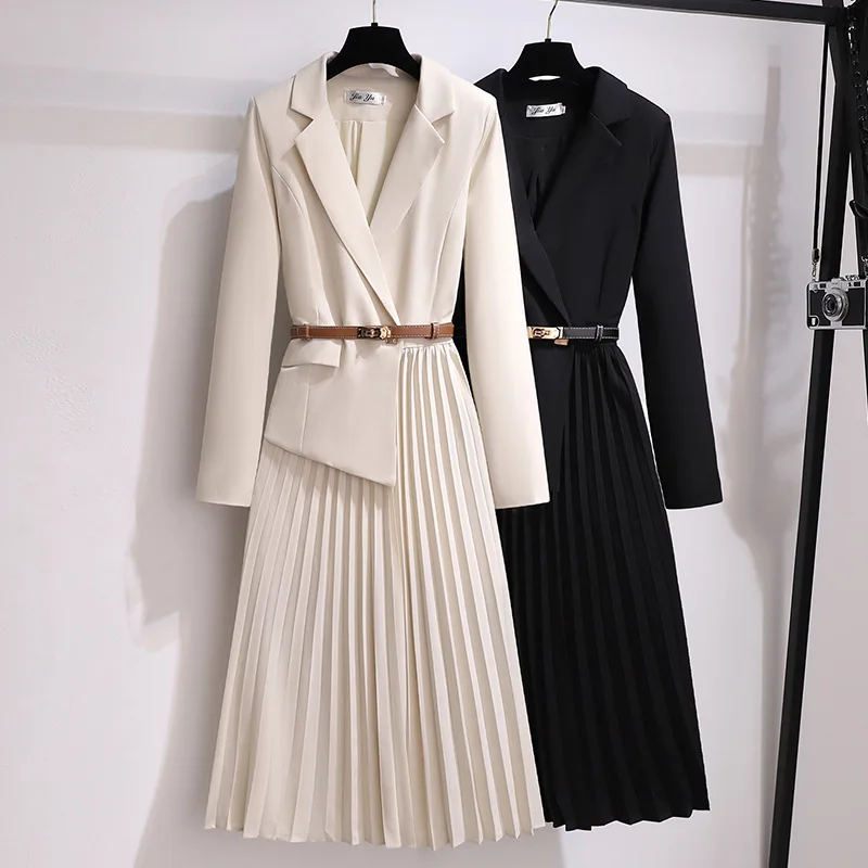 2024Fashion Formal Clothes Long Sleeve Pleated Suit Dress Solid Color Office Lady Professional Business Midi Long Casual Dresses