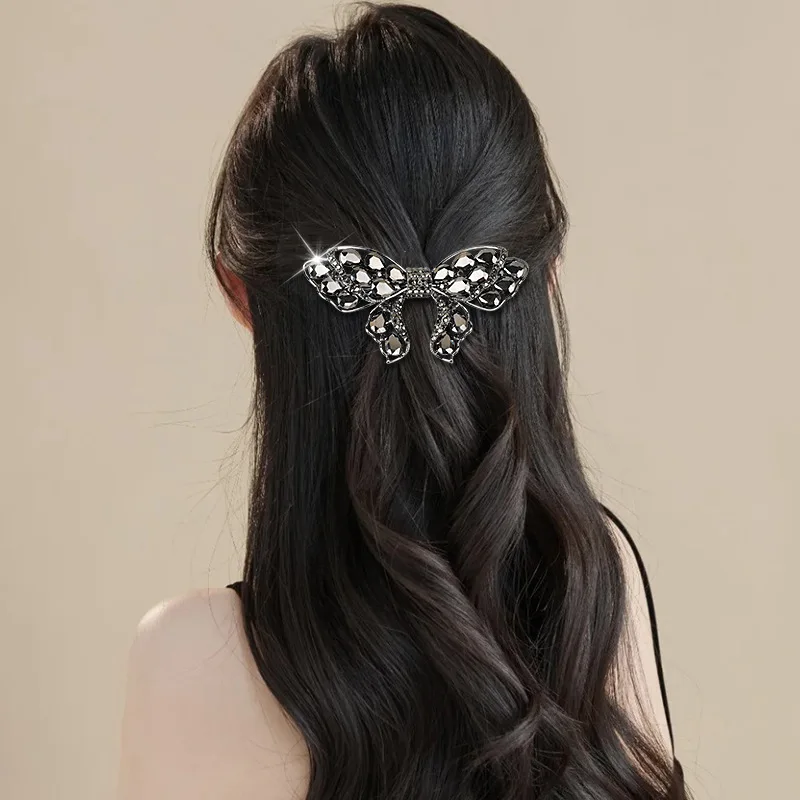 Elegant Half Tie Hairpin Spring Clip Hair Accessories Korean Exquisite Rhinestone Bowknot Hairpins Barrette for Lady Women