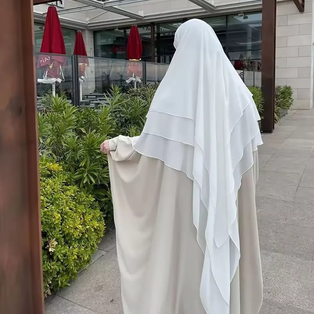 3 Layer Chiffon Khimar with Niqab Strings Long French EID Ramadan Muslim Women Hijab Islamic Clothing Wholesale Prayer Khimar