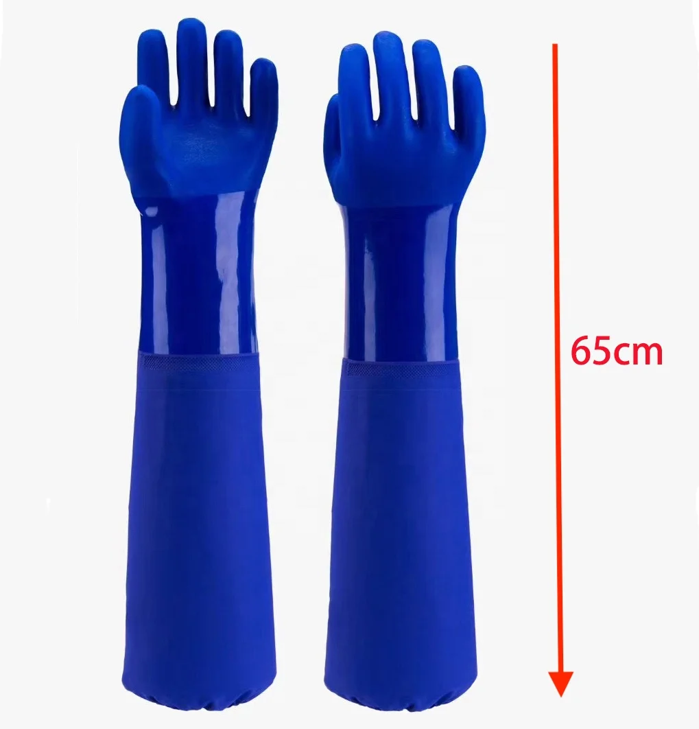 26Inch Heavy duty Long Sleeves Durable Waterproof Blue PVC Chemical Resistant Gloves for Oil and Gas Industry