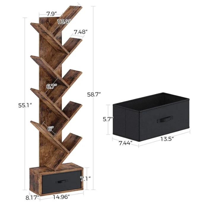 Home Office Furniture Decorative Custom MDF 9 Tier Tree Shape Book Rack Shelf Wooden Bookcases With Drawer