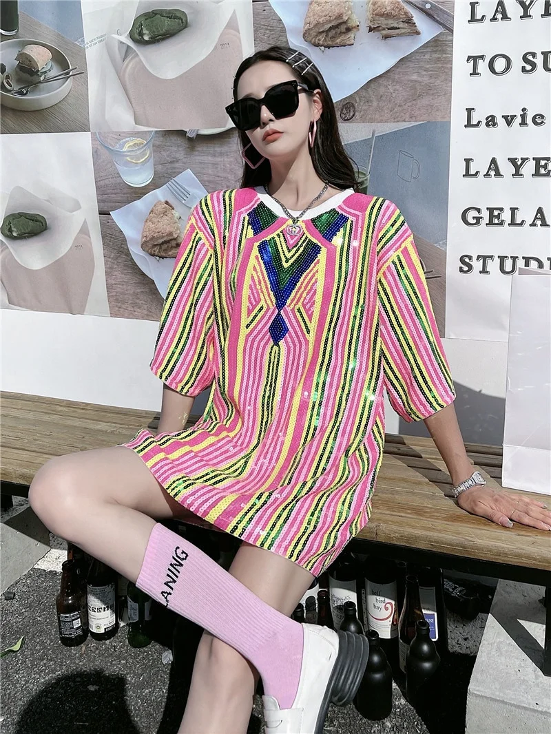 Small number of short sleeved European and American summer new color contrast sequins loose T-shirt