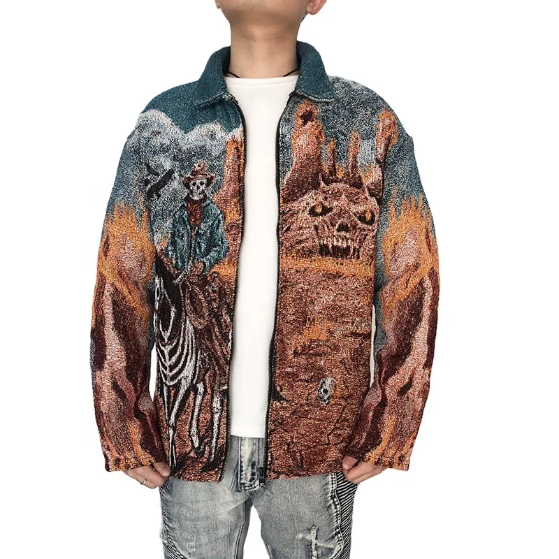 2022 New Spring Jackets Fashion Hip Hop Street Wear Custom Tapestry Cardigan Coat Men Blanket Woven Sweater Jacket Man