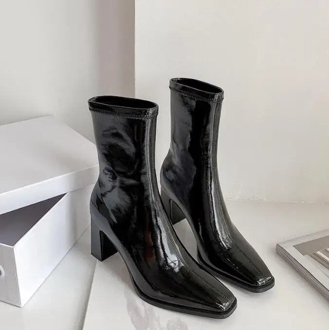 Mid-tube short boots autumn and winter new thick and high-heeled patent leather white fashion boots women