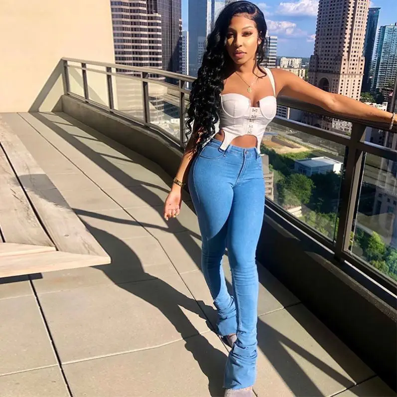 2023 women ladies sexy high quality color matching side spliced split leg stacked jeans