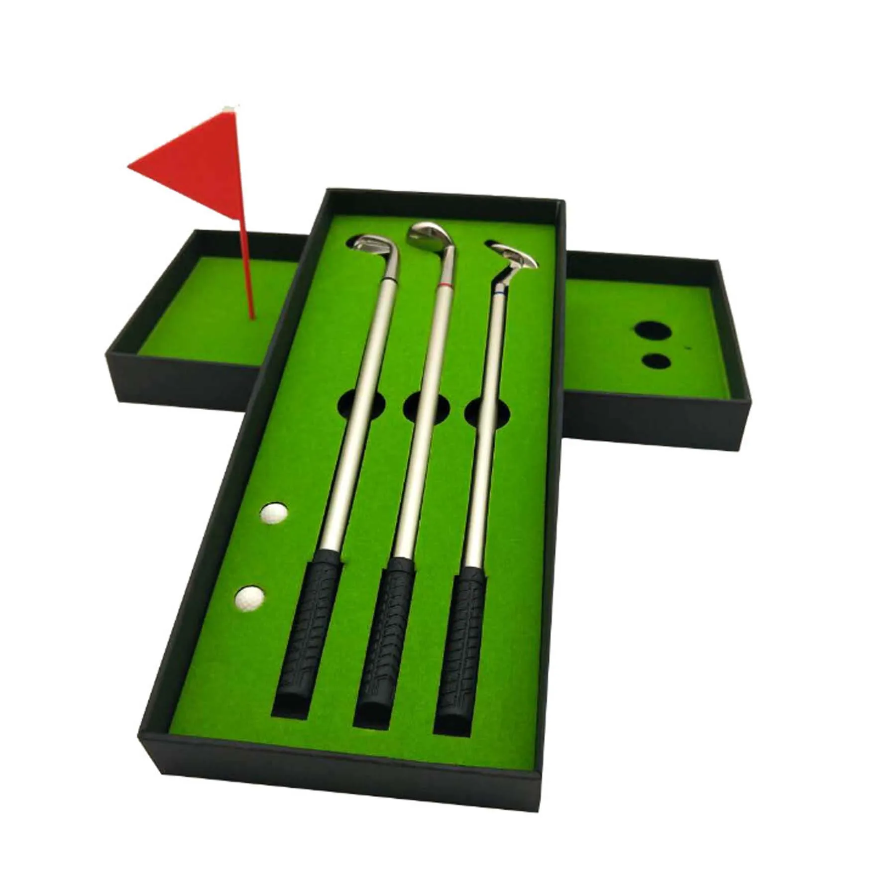 Promotional Mini Metal Golf Court Pen Gift Sets 3 Golf Club Pens 2 Mini Balls 1 Flag