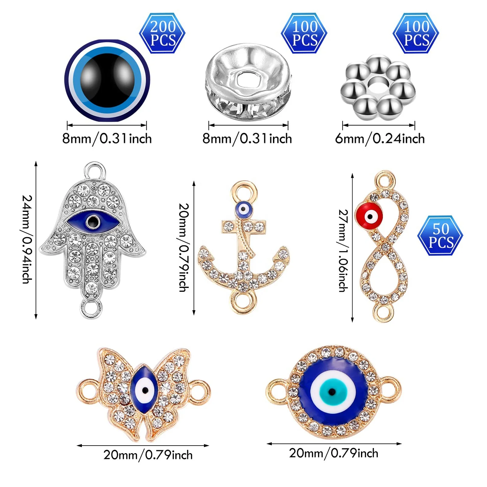 450 Pieces Blue Evil Eyeballs Kit Round Spacer Beads Alloy Enamel Pendants Spacers for DIY Bracelet Necklace Jewelry Making