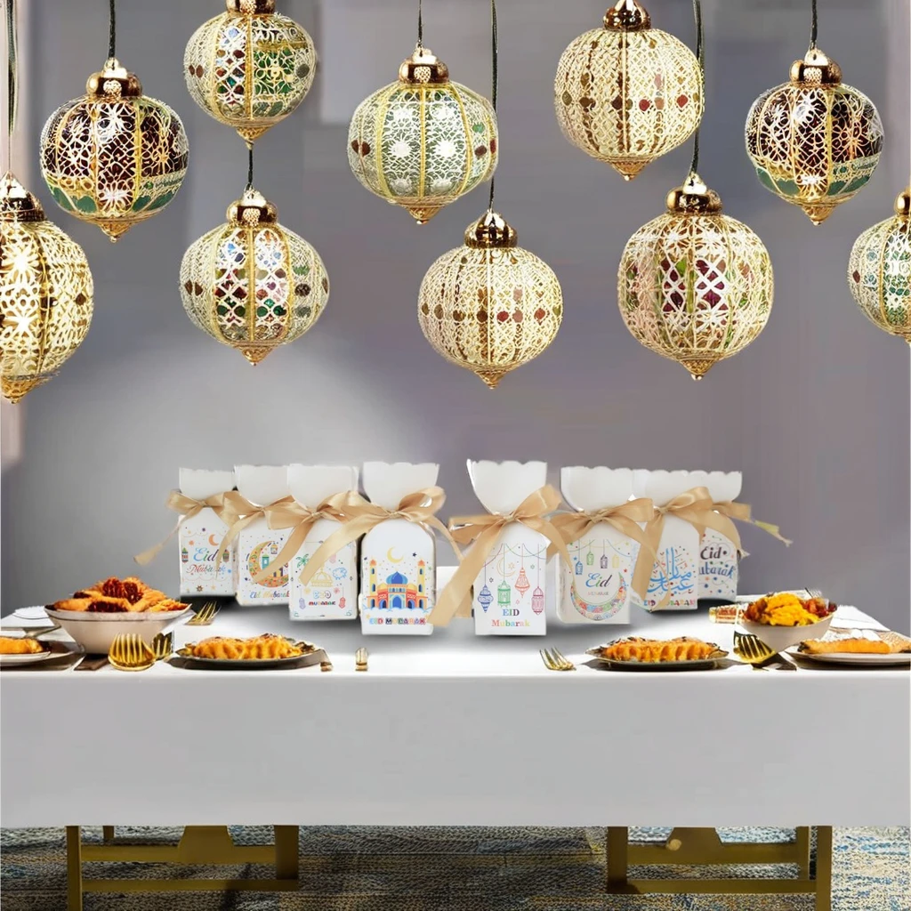 8 Designs Mixed Eid Mubarak Ramadan Candy Goodie  Gift Box With Ribbon Vase Shape Chocolate Box For Eid Party Decorations