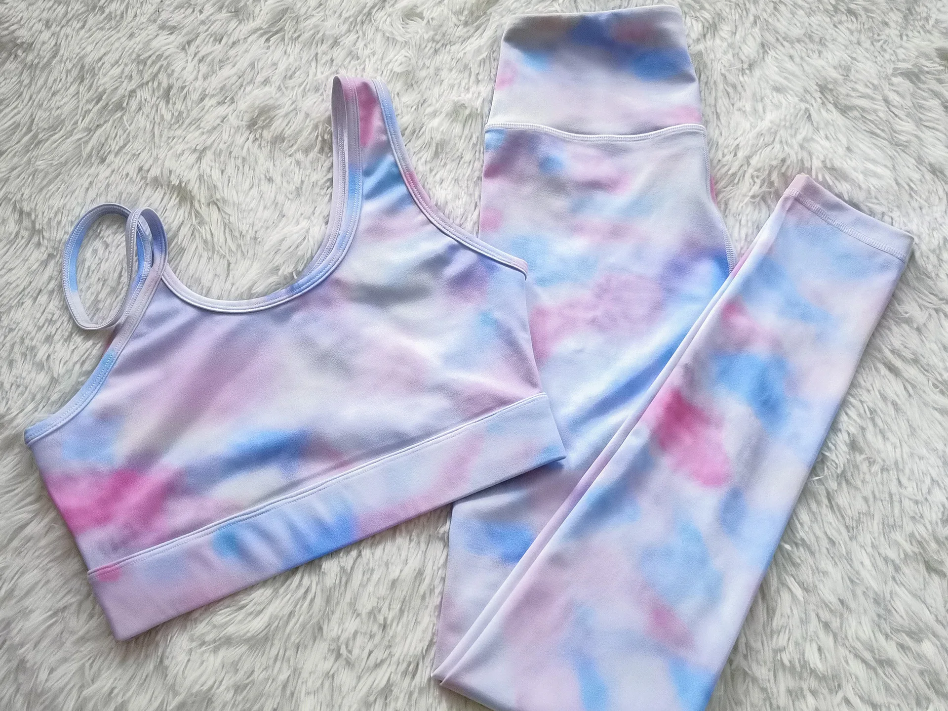 
Women Tie Dye Fitness Yoga Wear One Shoulder Beauty Back 2 Piece Crop Top Sports Wear Set 