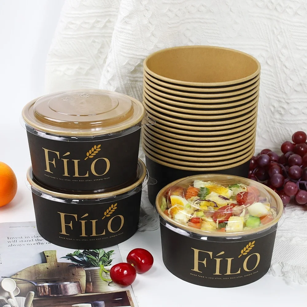 Wholesale Microwave Oven Available Disposable Black Printed CPET Film Takeout Round Kraft Paper Salad Lunch Bowl With Lid 1100ml
