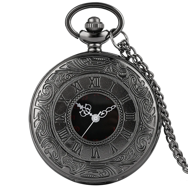 PK1  Black Roman Numerals Quartz Pocket Watch Men Women Black Hollow Case Steampunk Vintage Pendant Necklace  Watch