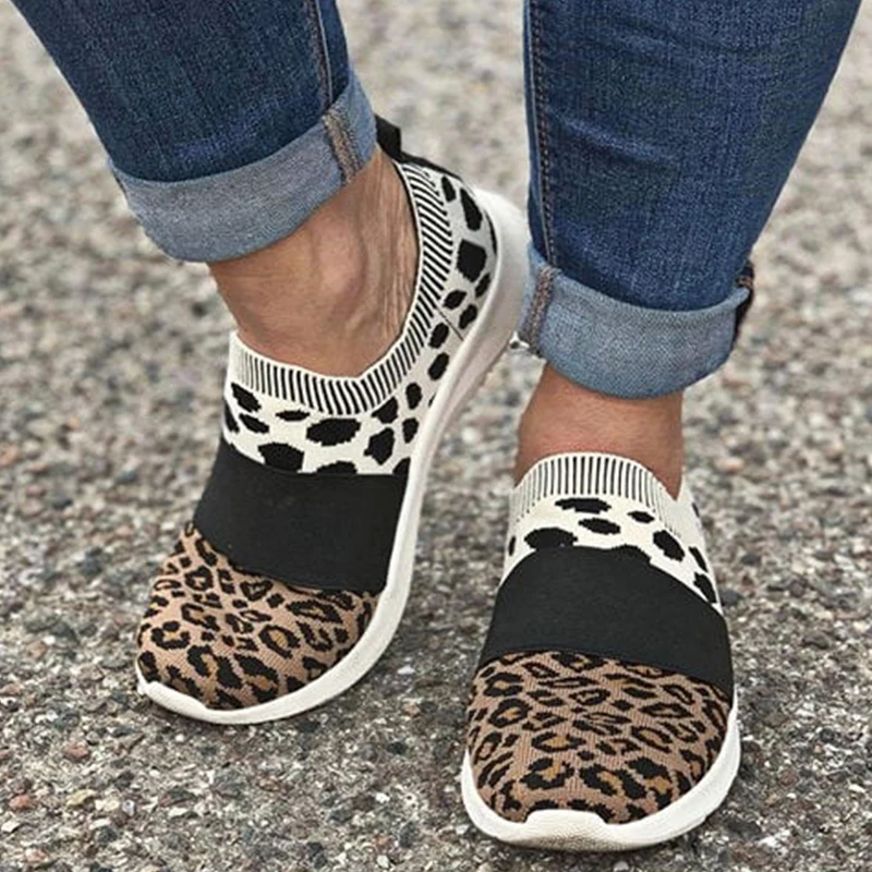 Women Shoes Leopard Sock Sneakers Women Slip On Flat Shoes Women Plus Size Loafers Flats Walking