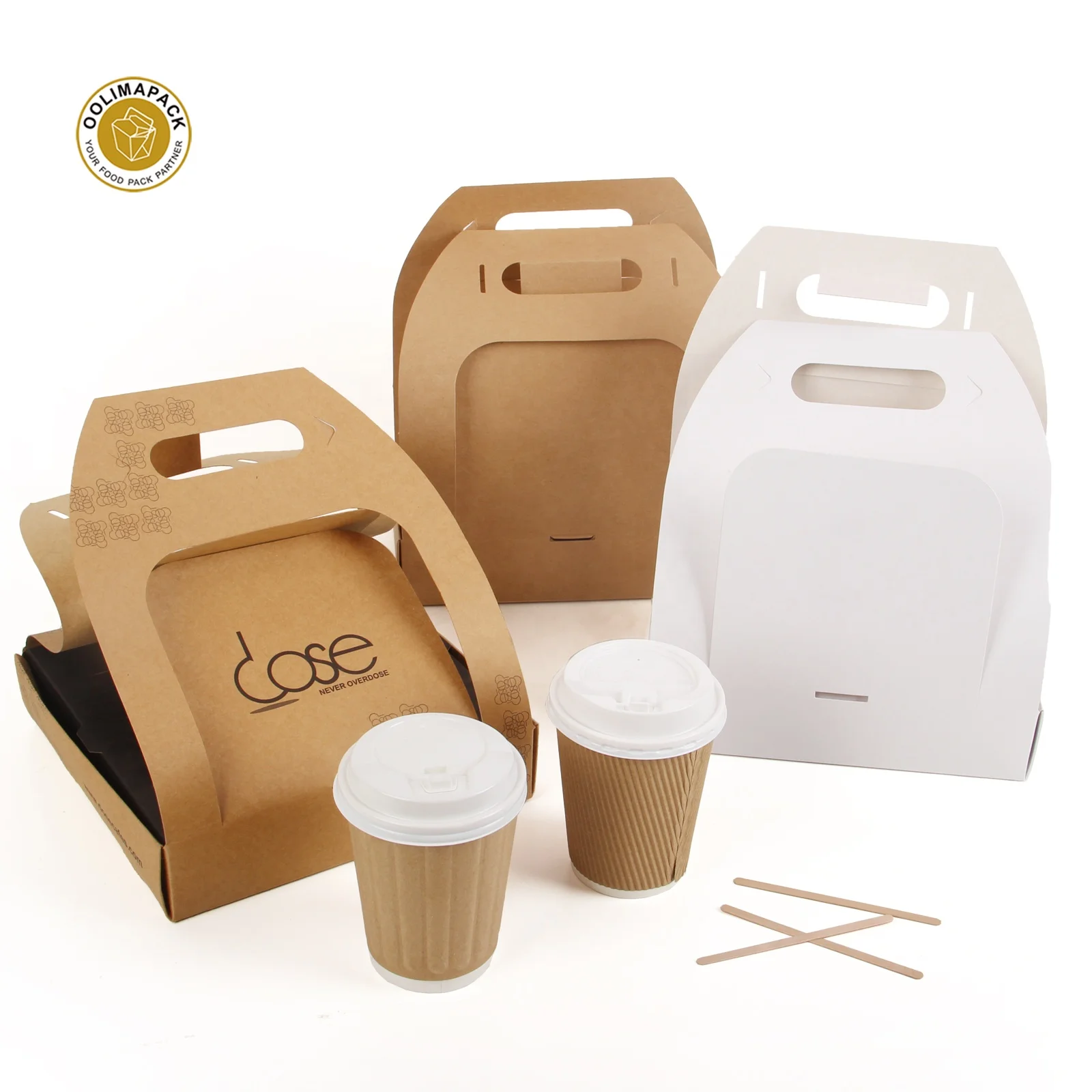 Biodegradable Disposable Paper Coffee Cup Carrier with Handle for Drink Takeaway