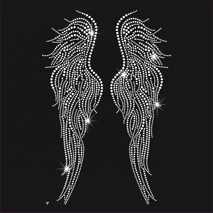 Wholesale High Quality Crystal Bling Rhinestone Transfer Iron-On Angel Wings for Shirt and Hoodie Decoration