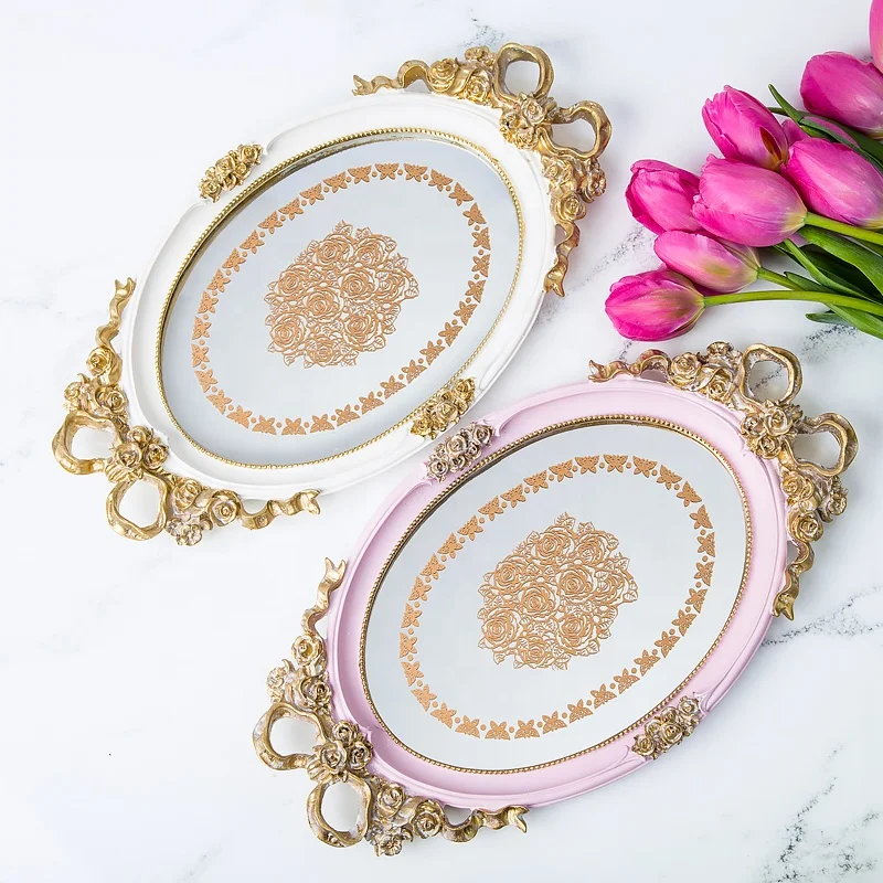 Модный декоративный поднос для ювелирных изделий, зеркальный сервировочный столик золотого и белого цветов с ручками из смолы для свадьбы, роскошный кофейный столик, подносы для хранения