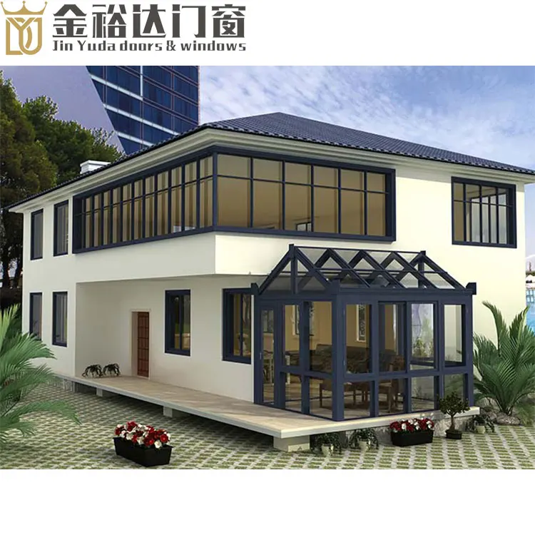 Prefab houses ireland Shaped roof sun room Horizontal open heat insulating aluminum alloy frame tempered glass sunroom