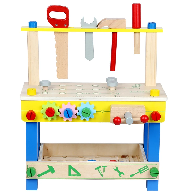 
2020 new trending wooden assembling wooden tool box toy workbench Wholesale role play tool shelf and table toys 