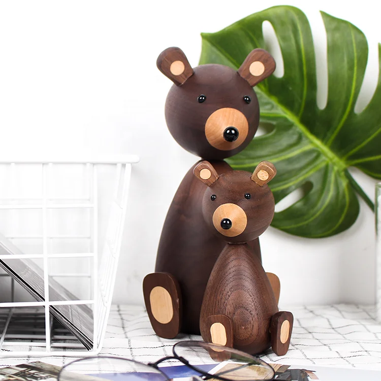 
solid wood animal figurines ornaments for Little brown bear wood Crafts toys home Decor for kids handy crafts 