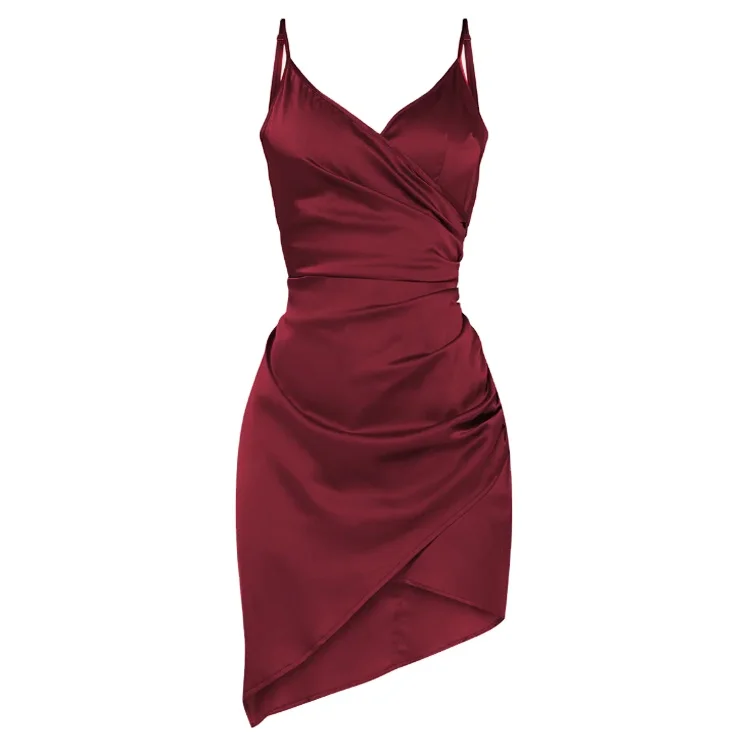 women Ruched Side Asymmetrical V Neck Classy Club Night Wedding Woman Party Dresses Sexy Tight Fitted Bodycon Slip On Dress