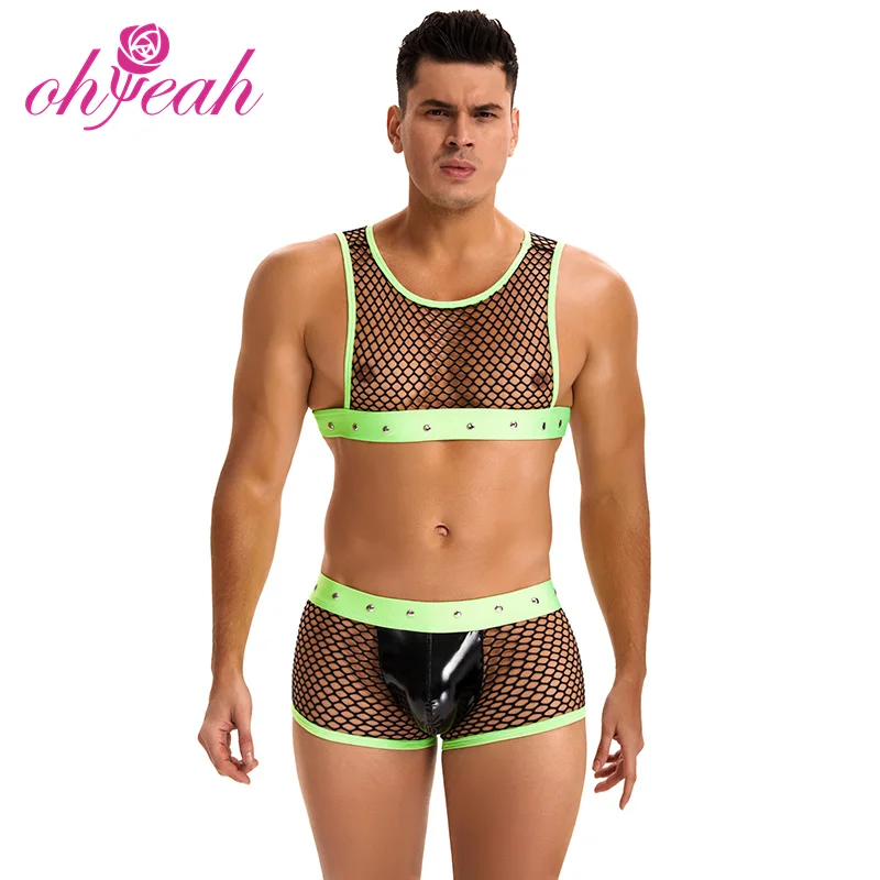 New arrival fashion mens lingerie fishnet cropped tank top briefs rivet adult dance costume shorts sexy outfit lingerie for men