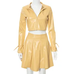 Trendy Women Winter Outfit Party Wear Pleated Skirt And Crop Top Jacket Set Two Pieces Solid Color Leather Sexy Skirt Set