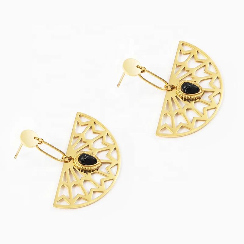 Fashionable and Personalized Natural Stone Droplets 14 K Gold Fan shaped  Stainless Steel Earring