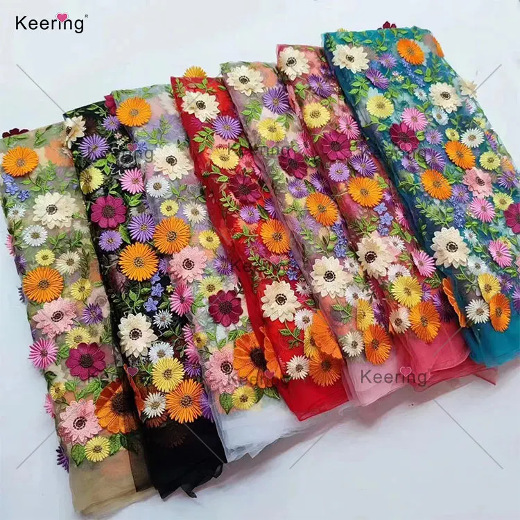 Keering China Wholesale Flower Embroidered Lace Butterfly Tulle 3D Air Mesh Fabric For Wedding Dresses