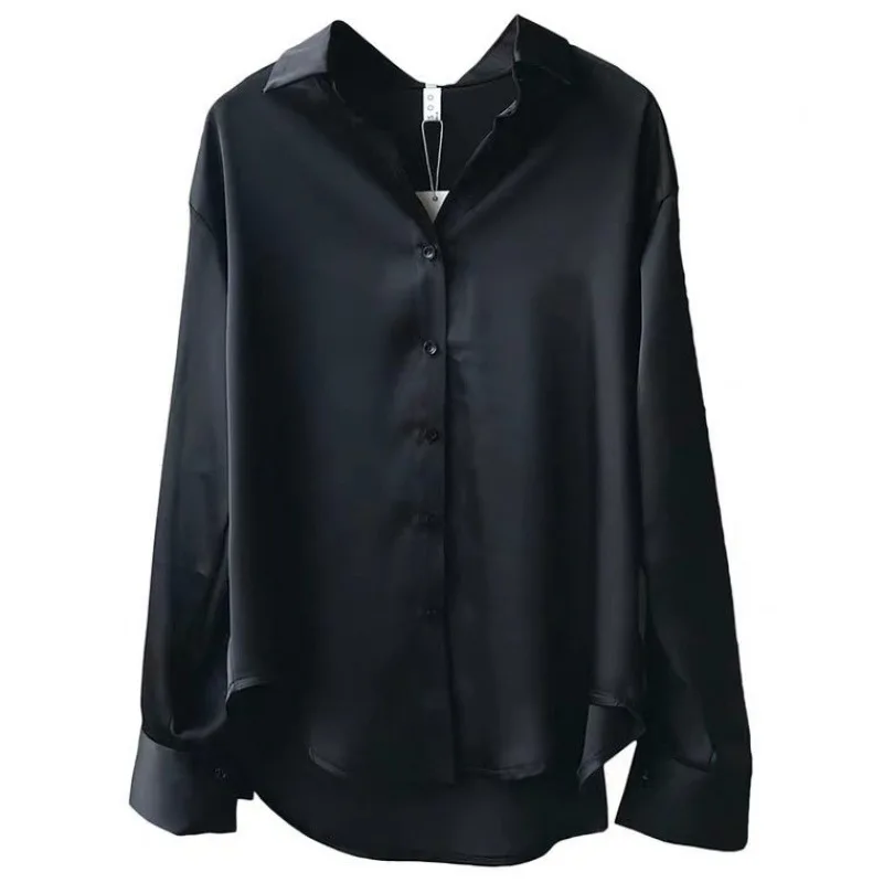 2021 New Summer Women Fashion Long Sleeves T Shirt Satin Blouse Vintage Femme V Neck Street Shirts Elegant Silk Blouse