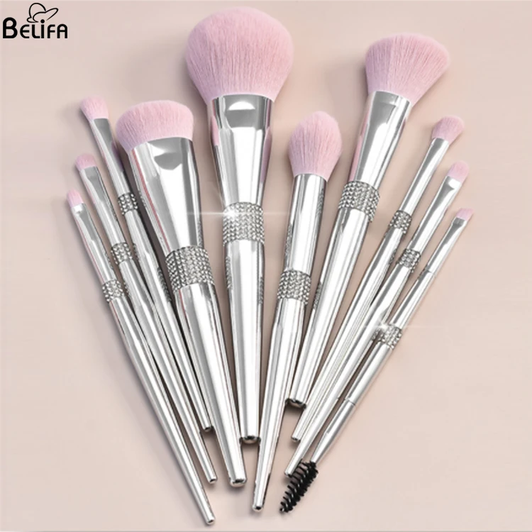 Wholesale custom 11pcs silver glitter diamond handle cosmetic brush with box professional pink liquid makeup brush cleaner set