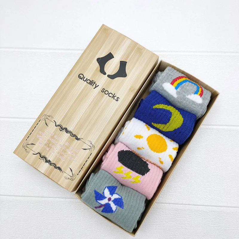 Wholesale Custom Gift Box Candy Color Crew Cotton Cute Cartoon Anime Fruit Letter Plaid Print Women Socks