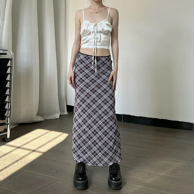 GIMILY oem custom American style college style fashionable plaid split skirt Sexy and versatile mid length diamond plaid skirt