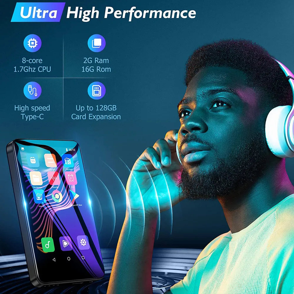 Large Touch Screen Type-C Music Player with APP Store Video Movie Playback MP3 MP4 Player support Multi- language