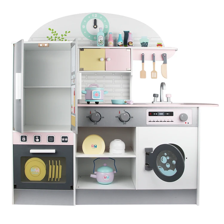 WD19033 Customized Luxury Unique Style Children Play White Big Wooden Kitchen Set Toy For Kids 3+