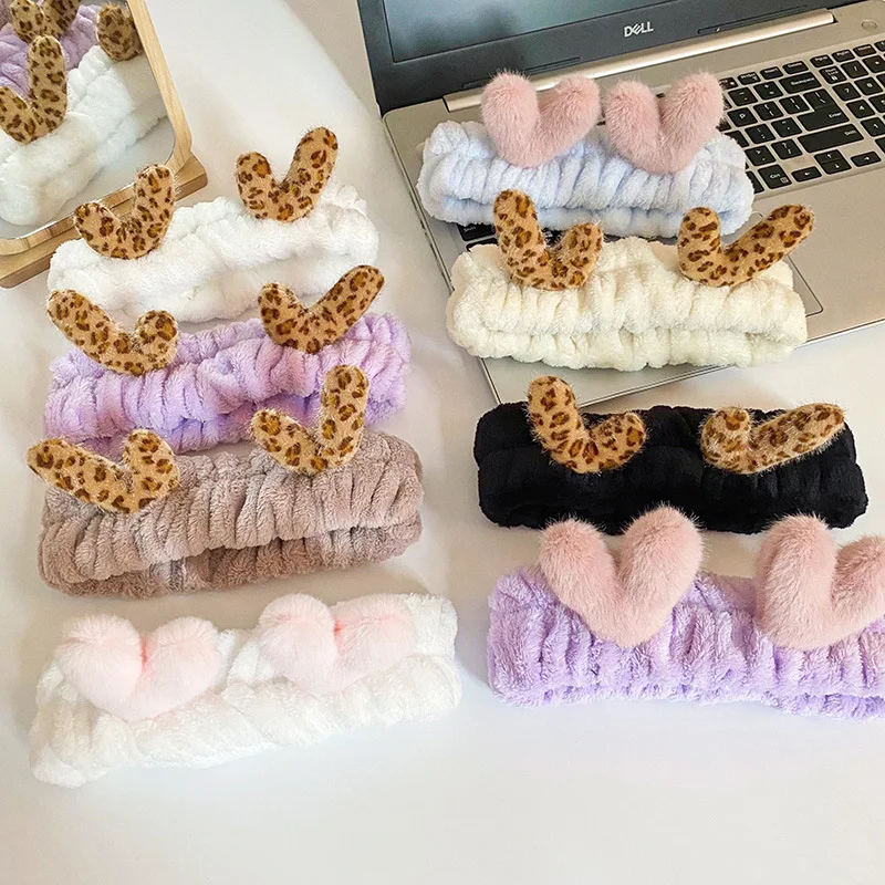 Bath Photo Prop Hair Accessories Women Girls Cute Coral Fleece Deer Horn Elastic Headbands Soft Comfortable Wash Face
