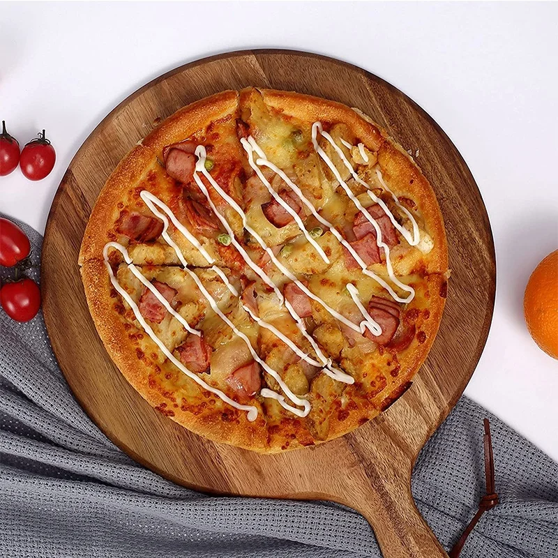 Custom  Paddle Shape Round Wooden Pizza Plate Tray Acacia Wood Pizza Cutting Board