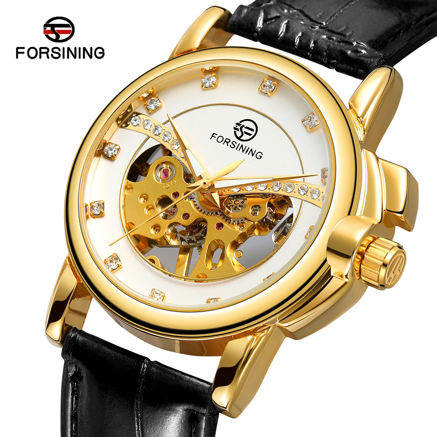 Forsining  Top Brand Diamond Display Transparent Case Gold Shell White Leather Belt Mechanical Skeleton Clock Men Wrist Watches