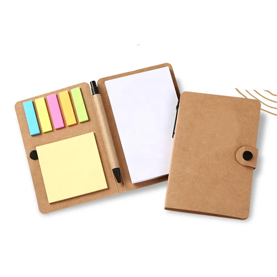 Kraft Cover Notebook Custom Printed Sticky Memo Notes with Pen Office Stationery Set Sticky Note Pads with Snap Button