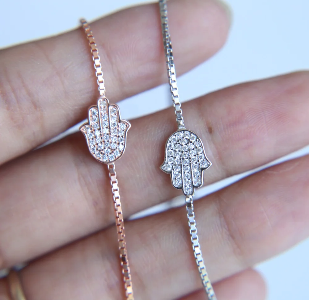 2023 high quality drop shipping tiny cute fatimas hamsa hand slider silver box chain silver bracelet
