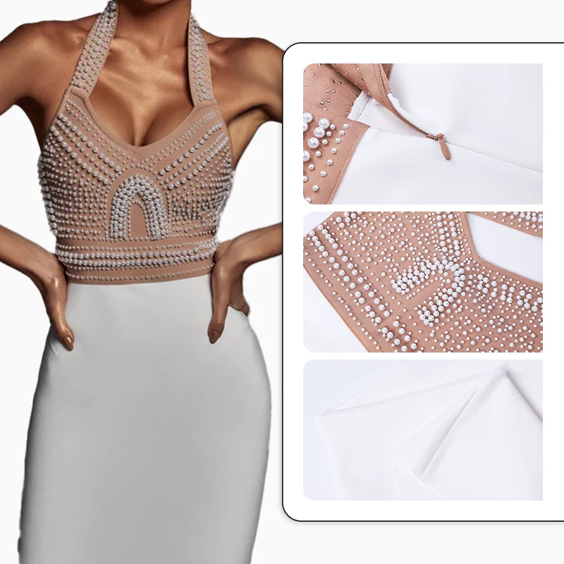 Wholesale Private Label OEM Women Pearl Beaded Birthday Midi Bandage Cocktail Elegant Party Dress Ladies Elegant