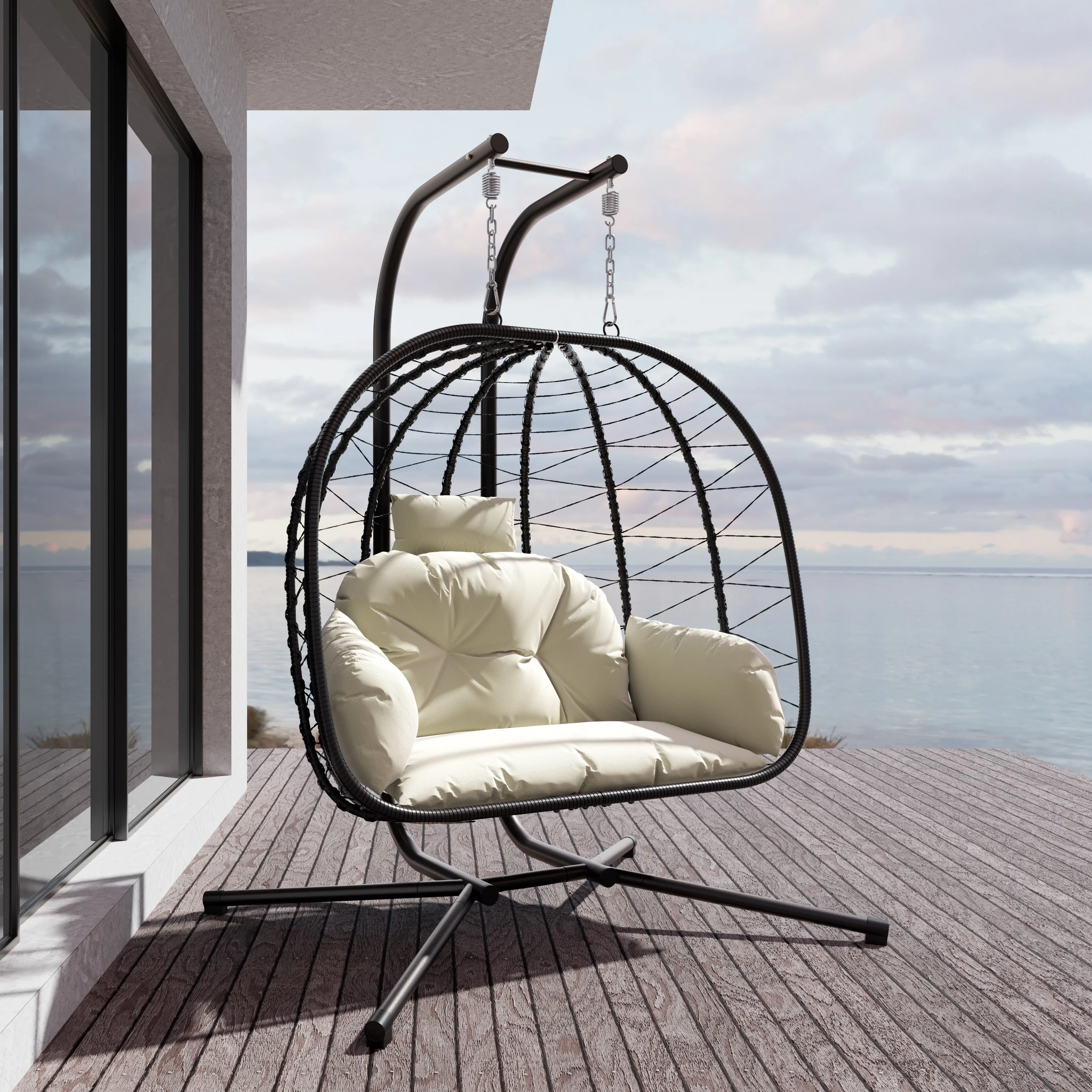Outdoor Rattan Double Egg Chair with Stand Hammock Cushion Foldable Patio Wicker Hanging Loveseat Garden Wicker Swing Chairs