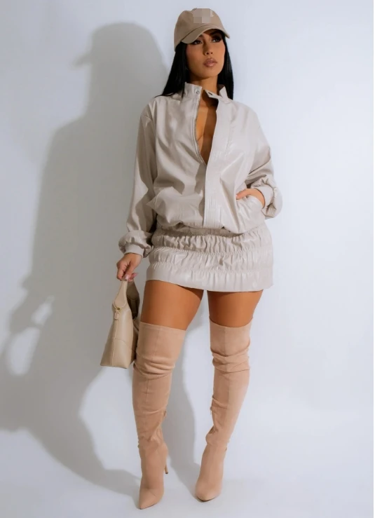 Liu Ming New Stylish 2025 Fall Winter Women Clothing Full Sleeve PU Leather Jackets Two 2 Piece Mini Ruched Skirts Set