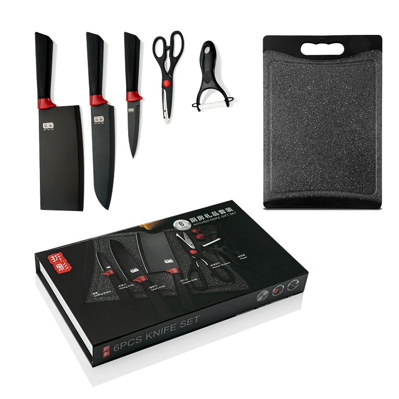 
Boxed Knife Set of 6PCS with Cutting Board Chef Knife Cleaver Paring Peeler Shears Scissors Cliper Non-stick Knife Set 